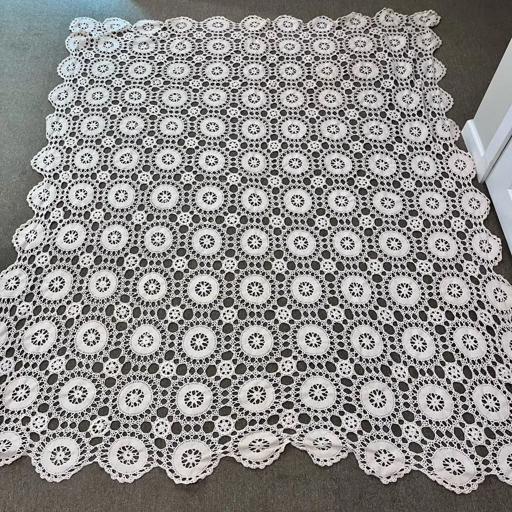 Vintage Hand Crocheted Grandma's Tablecloth, Cotton Handmade White 73x83